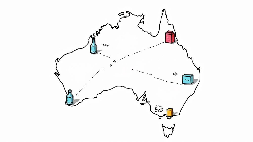 Illustrated map of Australia showing FMCG supply chain with goods and distribution routes.