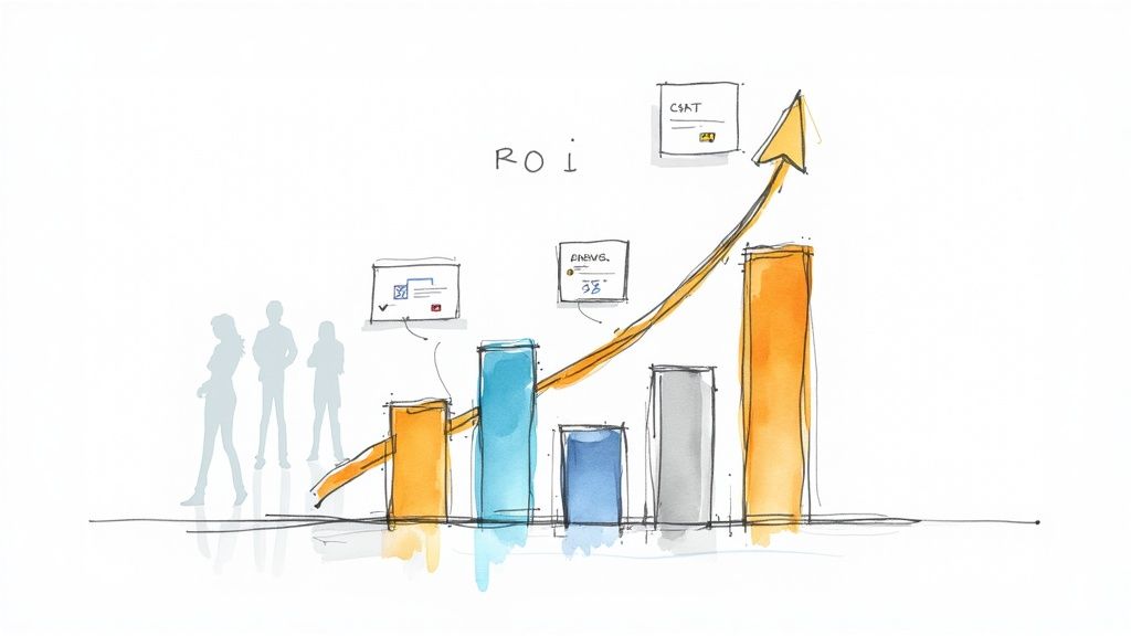 Watercolor sketch of a growing ROI bar chart with business metrics and three silhouettes.