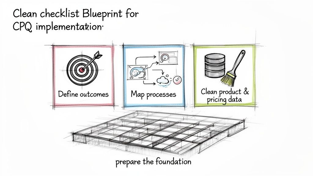 Blueprint checklist for CPQ implementation covering outcomes, process mapping, and clean data preparation.