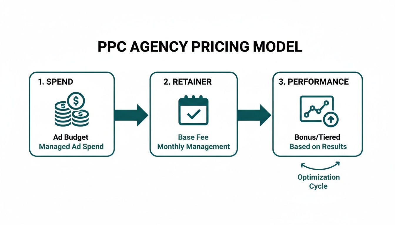 Flowchart illustrating a PPC agency pricing model with spend, retainer, and performance components.