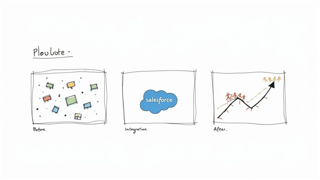 A team collaborating around a computer screen, representing the business transformation from Slack for Salesforce integration.