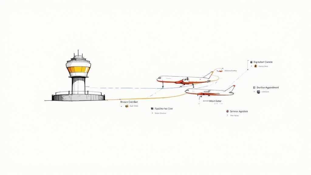 A diagram illustrates an air traffic control tower, two airplanes, and various linked service management points.