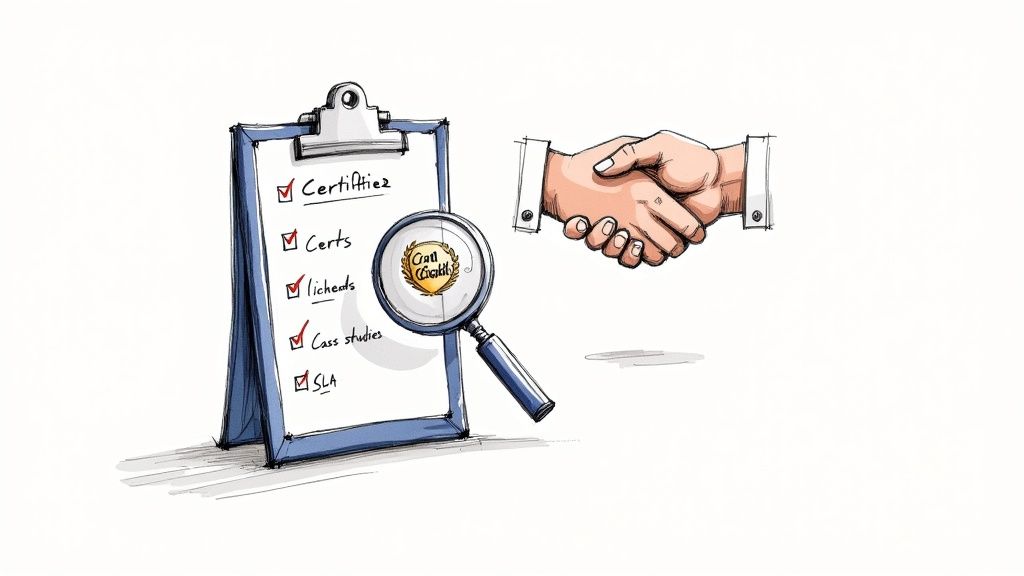 An illustration of a checklist on a clipboard, a magnifying glass on a logo, and a business handshake.