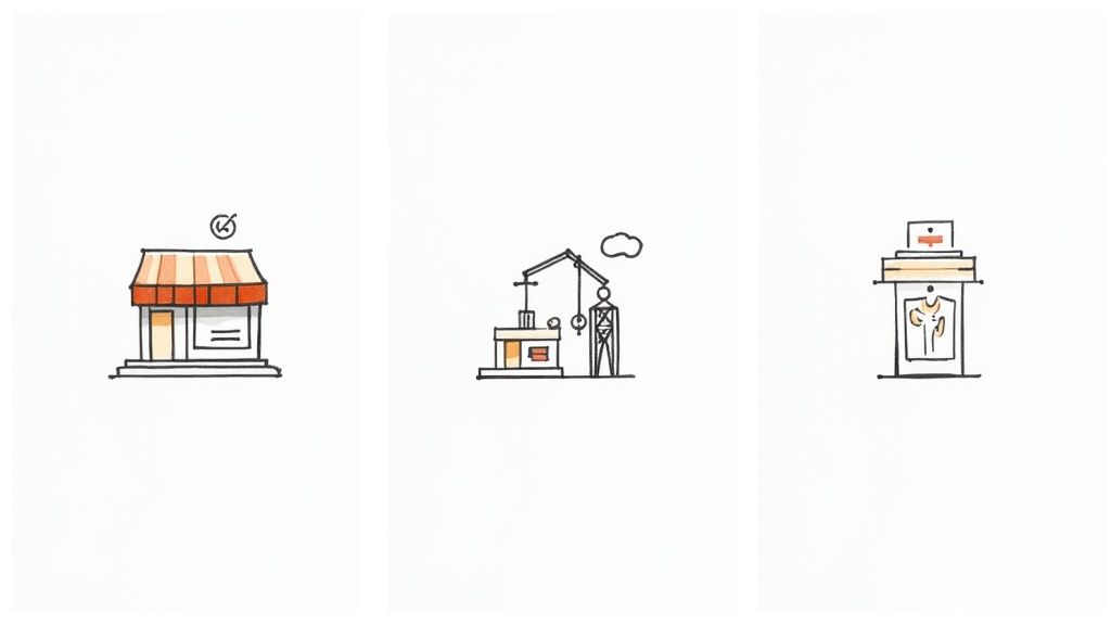 Three simple illustrations depicting a retail store, a construction site, and a medical human display.