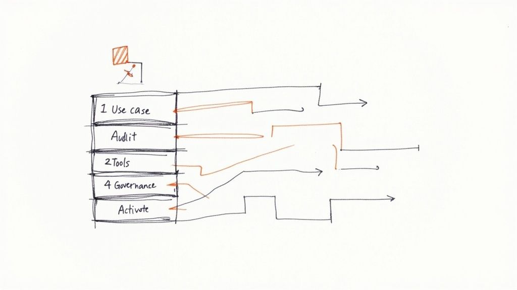 Hand-drawn workflow diagram illustrating five steps: Use case, Audit, Tools, Governance, and Activate.