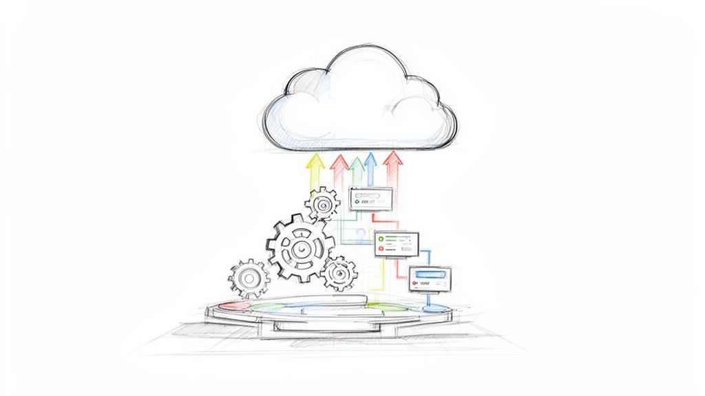 Conceptual sketch of managed IT services showing cloud, interconnected gears, and data processing screens.