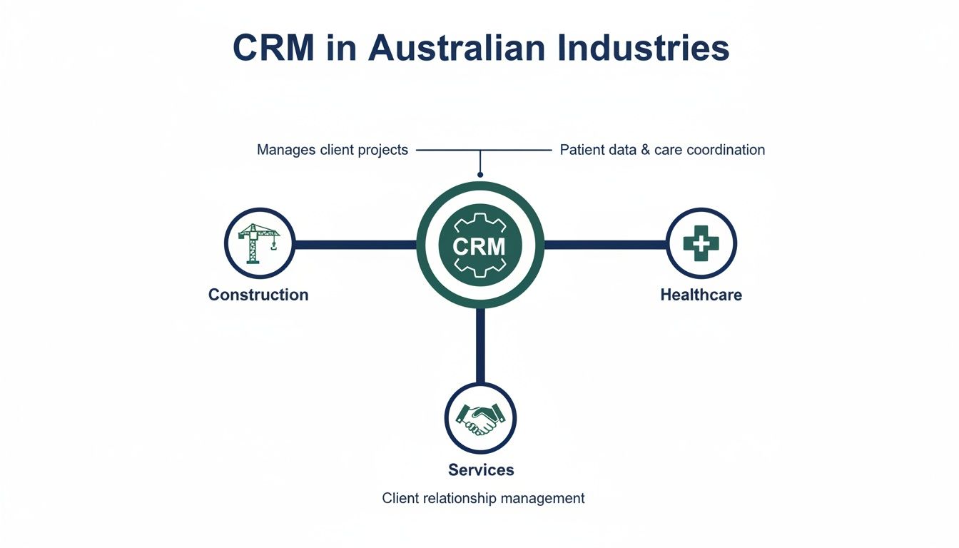 Diagram illustrating CRM applications in Australian industries: Construction, Healthcare, and Services.