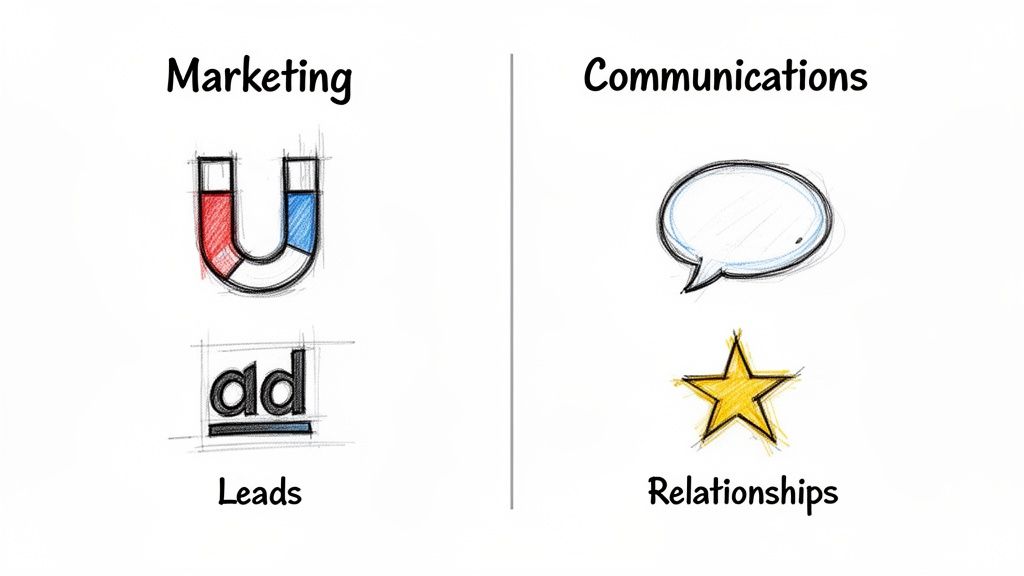 A visual comparison showing Marketing (magnet, ad, Leads) versus Communications (speech bubble, star, Relationships).