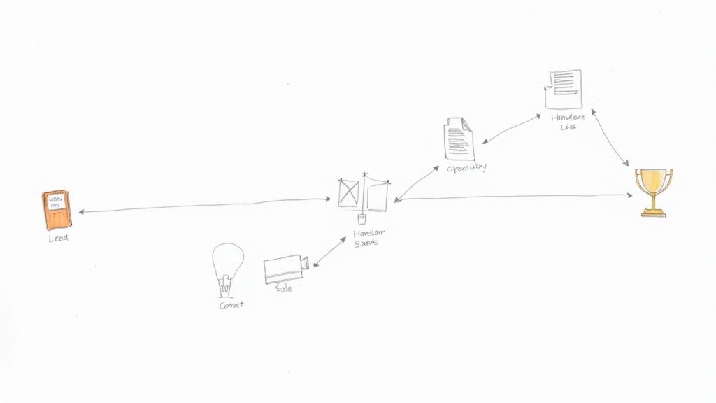 A hand-drawn sales process flowchart showing steps from lead generation to closed-won.