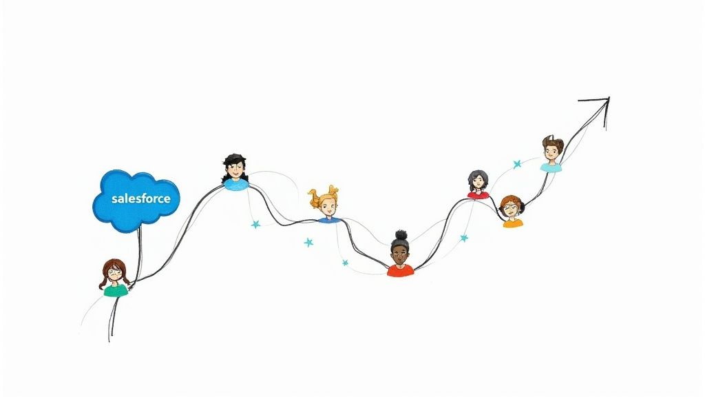 A team collaborating around a computer screen showing Salesforce and Slack logos, symbolising integration.