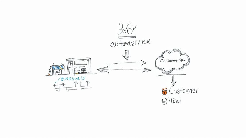 A team collaborating around a computer screen showing Salesforce data dashboards.