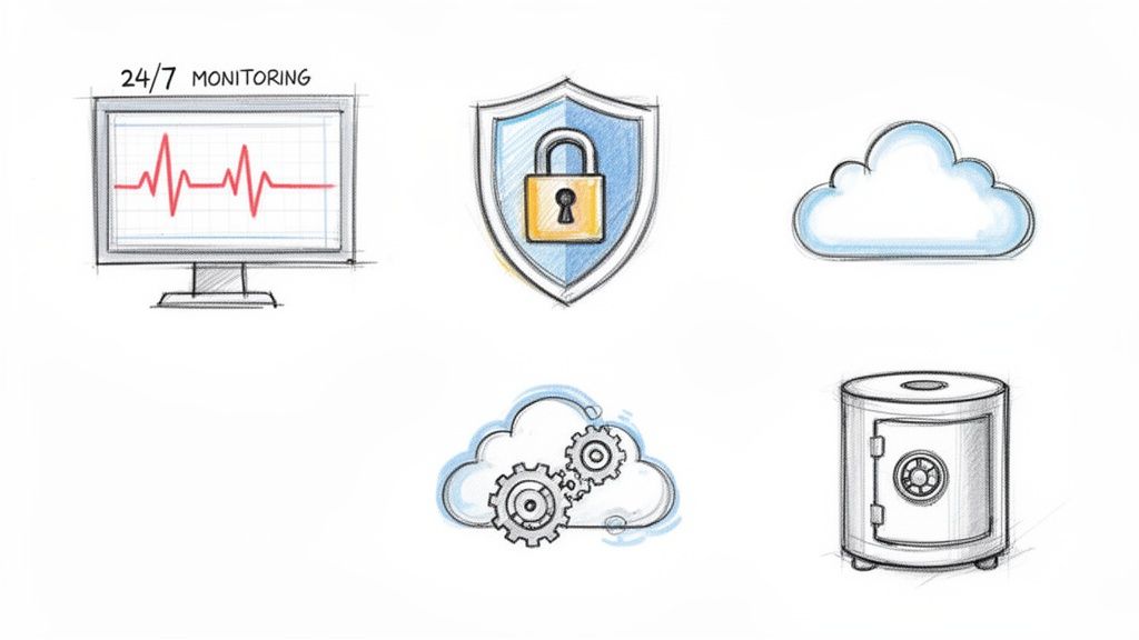 Hand-drawn icons depicting 24/7 monitoring, security, cloud computing, managed services, and data storage.