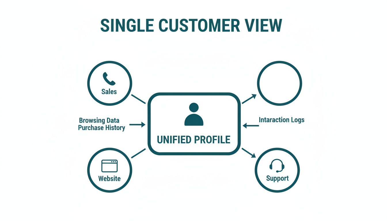 Diagram illustrating a single customer view with a unified profile centralizing data from sales, website, and support.