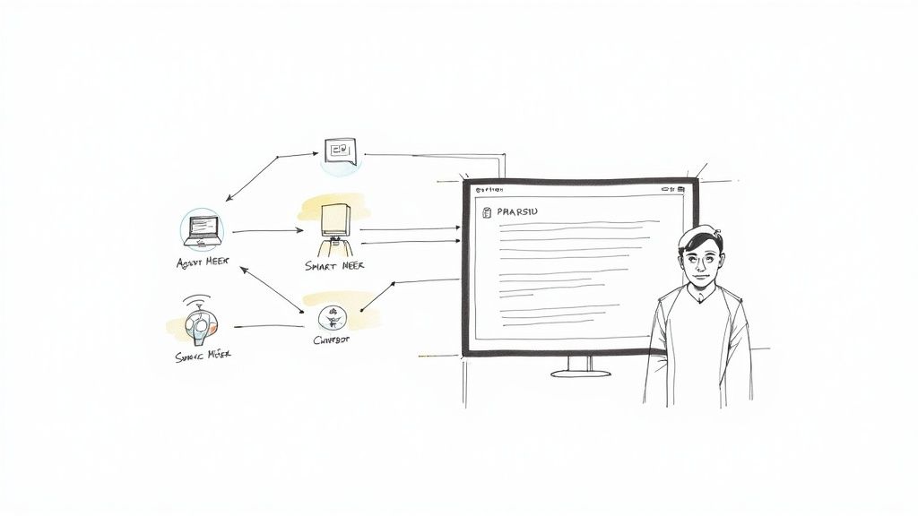 Hand-drawn diagram illustrating a system architecture with various HEER components and a chatbot feeding into a PRARSIU display.