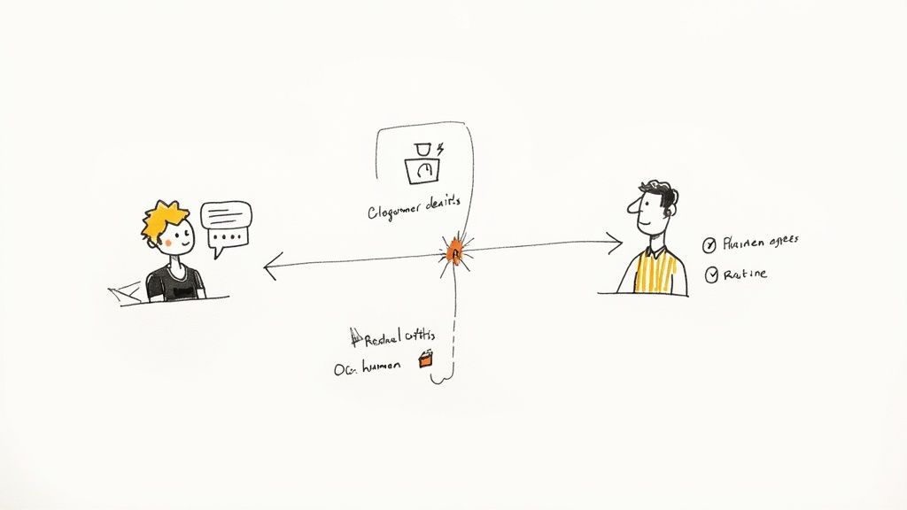 Two hand-drawn figures illustrate a communication flow and decision-making process between individuals and systems.