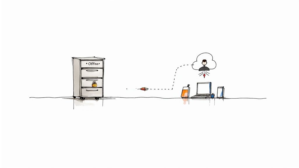 Illustration of secure office data flowing from a locked filing cabinet to a user in the cloud.