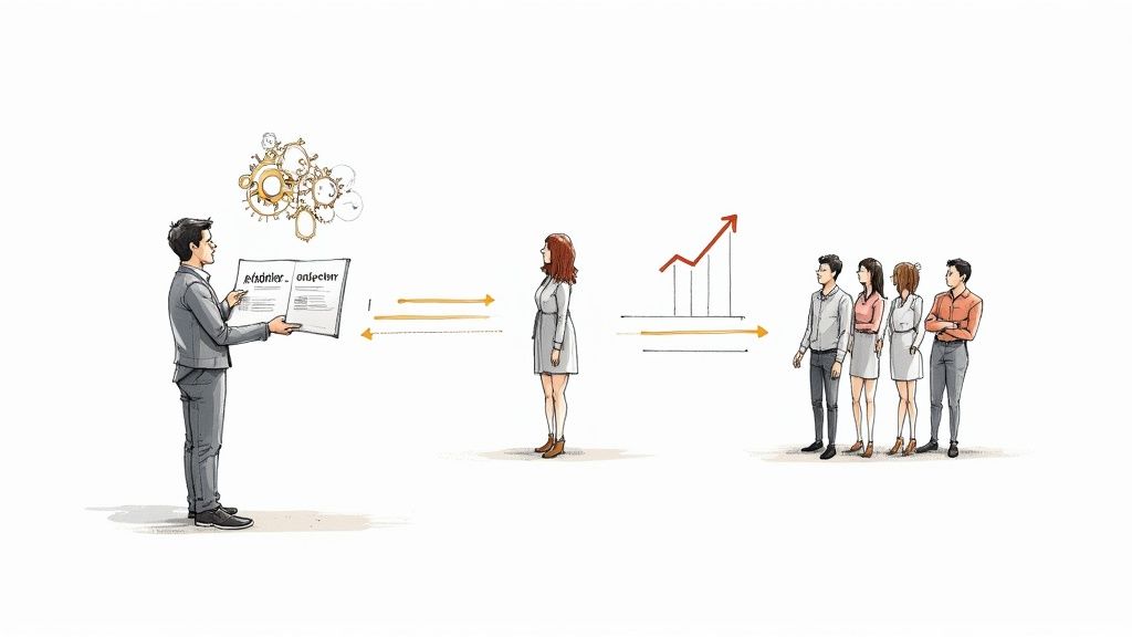 An image of a change management consultant working with a team to explain a new process on a whiteboard