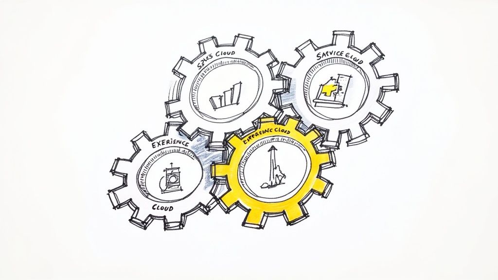 Four interlocking gears representing Sales Cloud, Service Cloud, Experience Cloud, and Pricing Cloud integration