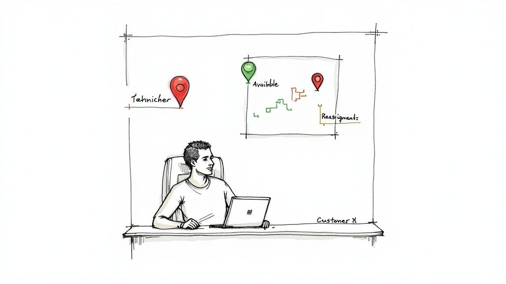A sketch shows a person on a laptop, with a diagram indicating technician availability, customer locations, and reassignments.