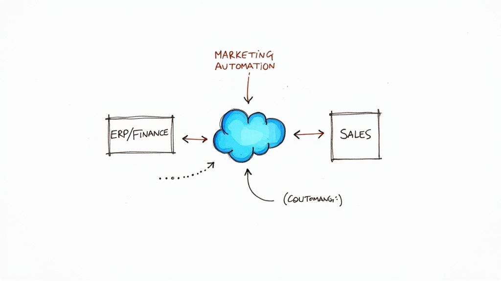 Cloud-based integration diagram connecting marketing automation, ERP finance, sales, and content management systems