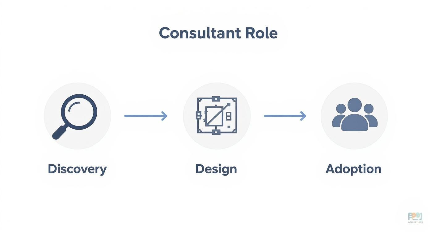 A diagram illustrating the consultant role process: Discovery, Design, and Adoption, shown with relevant icons.
