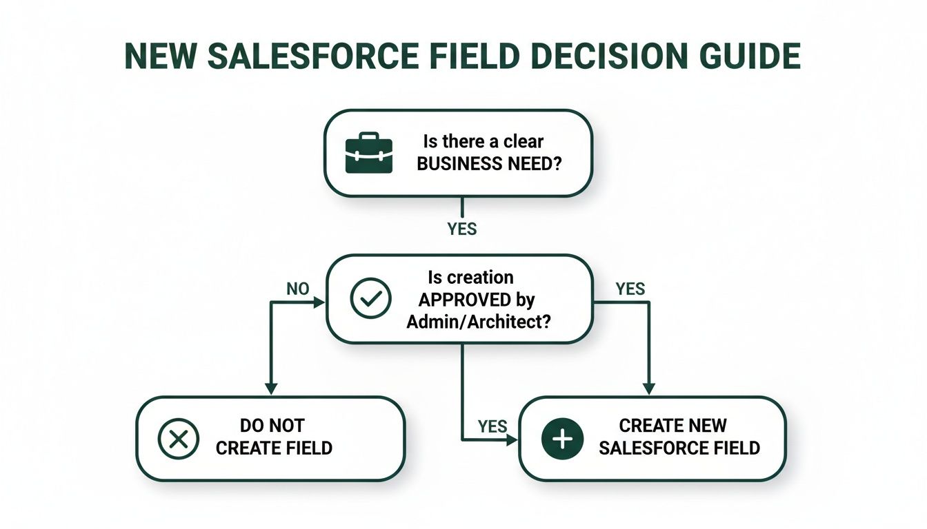 Salesforce field creation decision guide flowchart based on business need and admin/architect approval.
