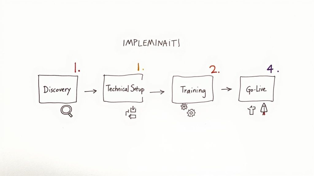 A whiteboard diagram illustrating a four-step implementation process: Discovery, Technical Setup, Training, and Go-Live.