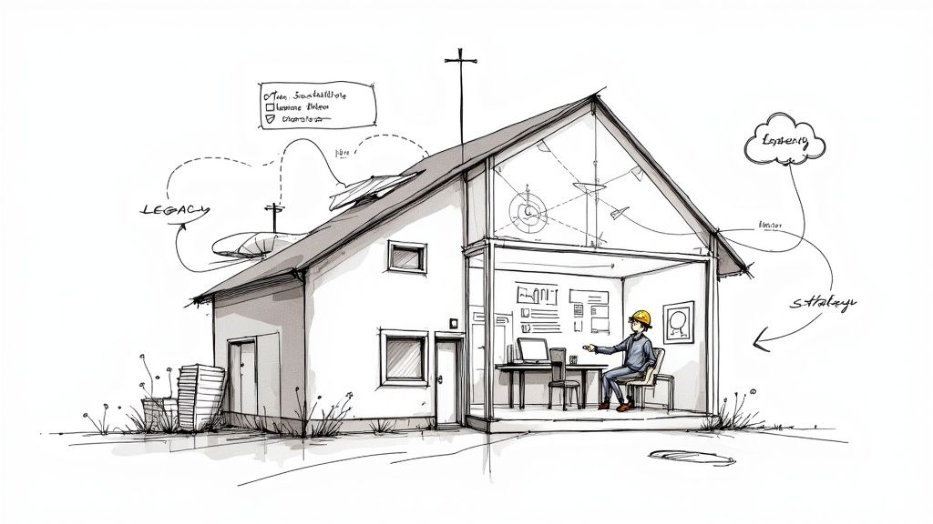 A group of professionals collaborating around a table with digital devices, representing strategic digital transformation services.