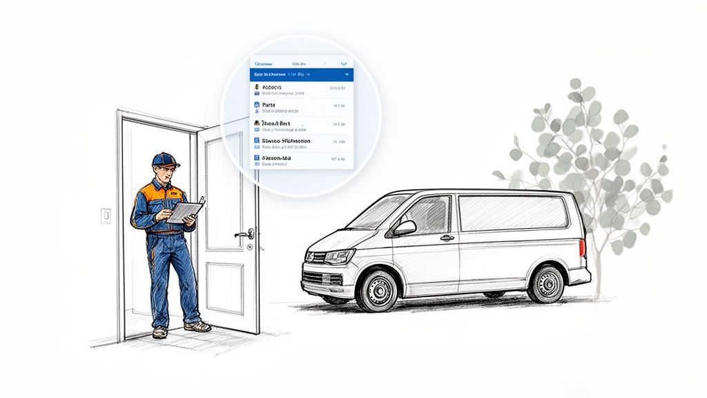 A field service technician in a blue and orange uniform stands by an open door with a clipboard. A white service van and a digital file interface are also visible.