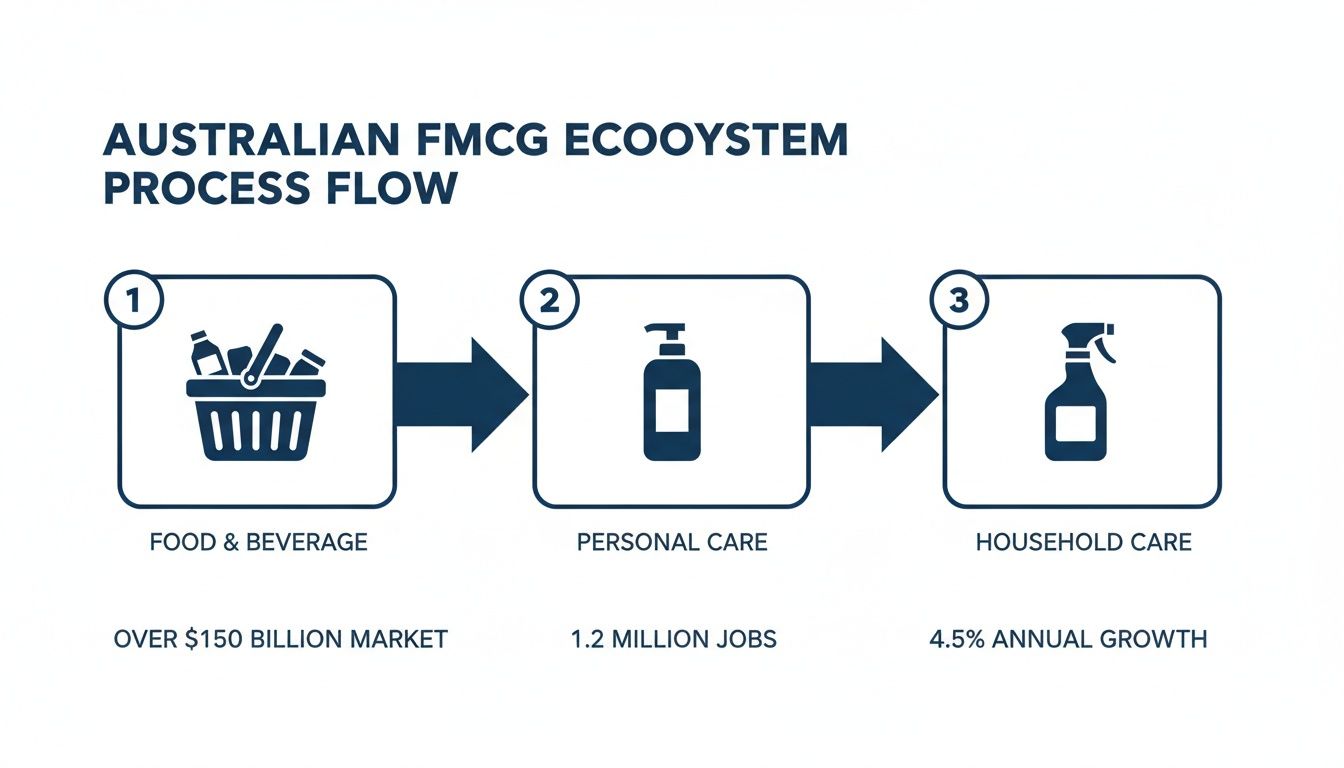 Australian FMCG ecosystem process flow with food, personal, and household care categories and statistics.