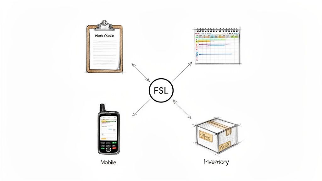 Diagram showing FSL (Field Service Lightning) integrating work orders, scheduling, mobile, and inventory.