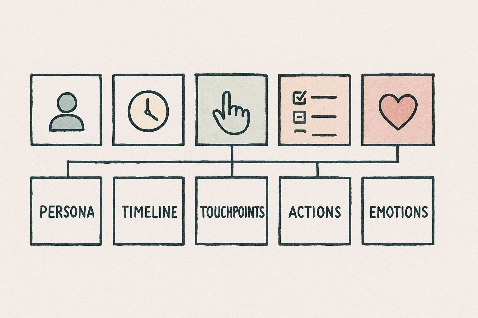 Infographic showing five blocks labeled Persona, Timeline, Touchpoints, Actions, and Emotions, representing the core components of a customer journey map.