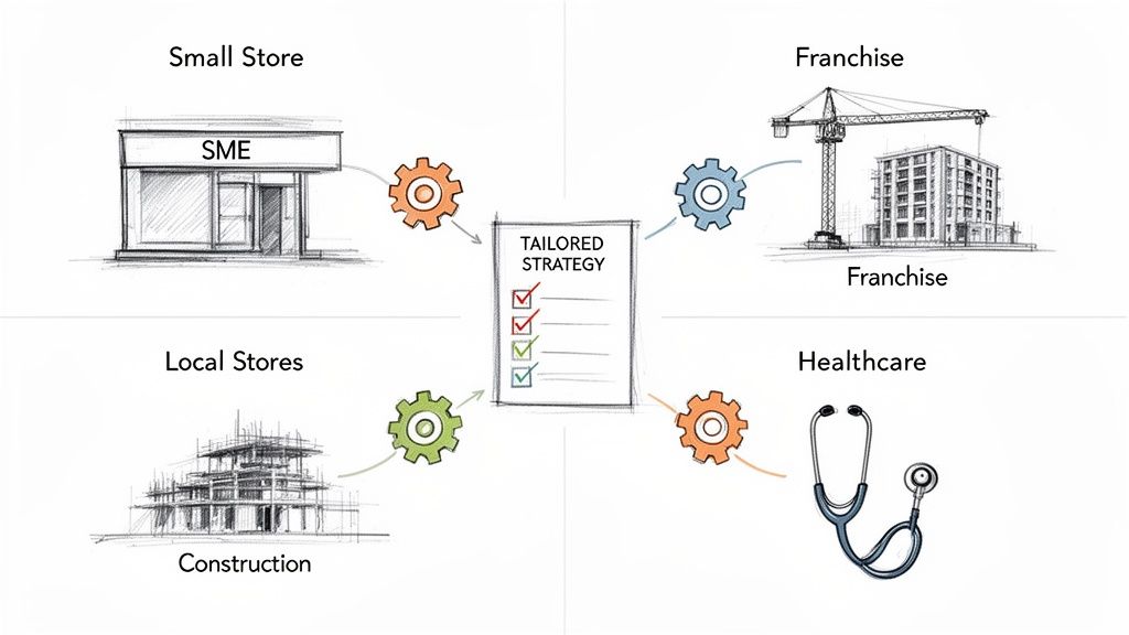 A diagram illustrating how diverse sectors like small stores, franchises, construction, and healthcare connect to a tailored strategy.