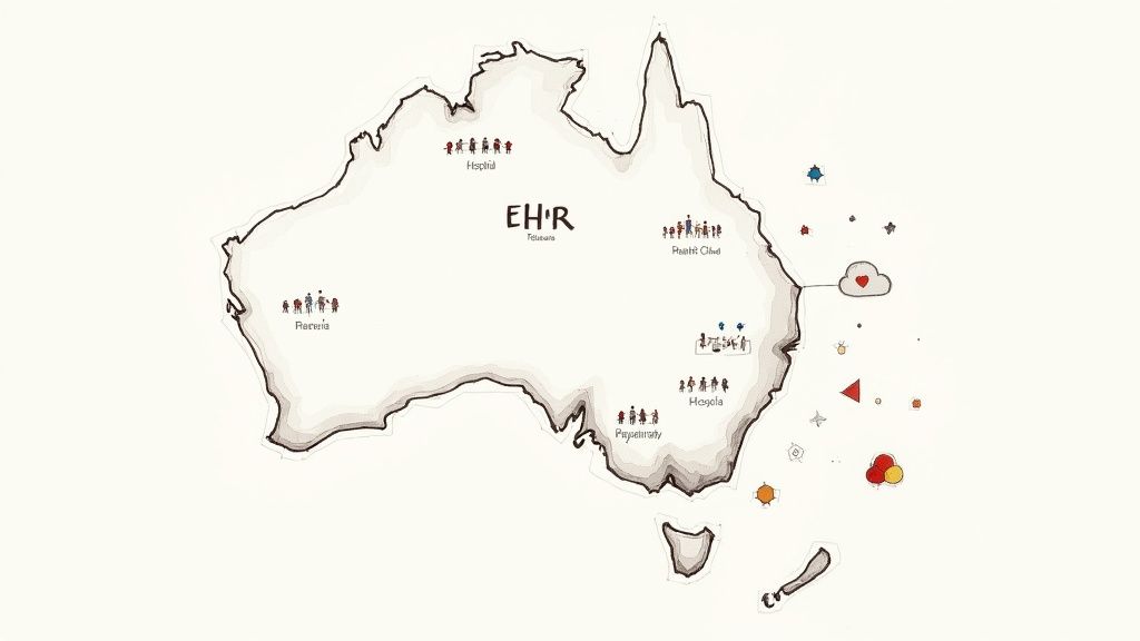 Stylized map of Australia depicting health systems, patient locations, and cloud services.