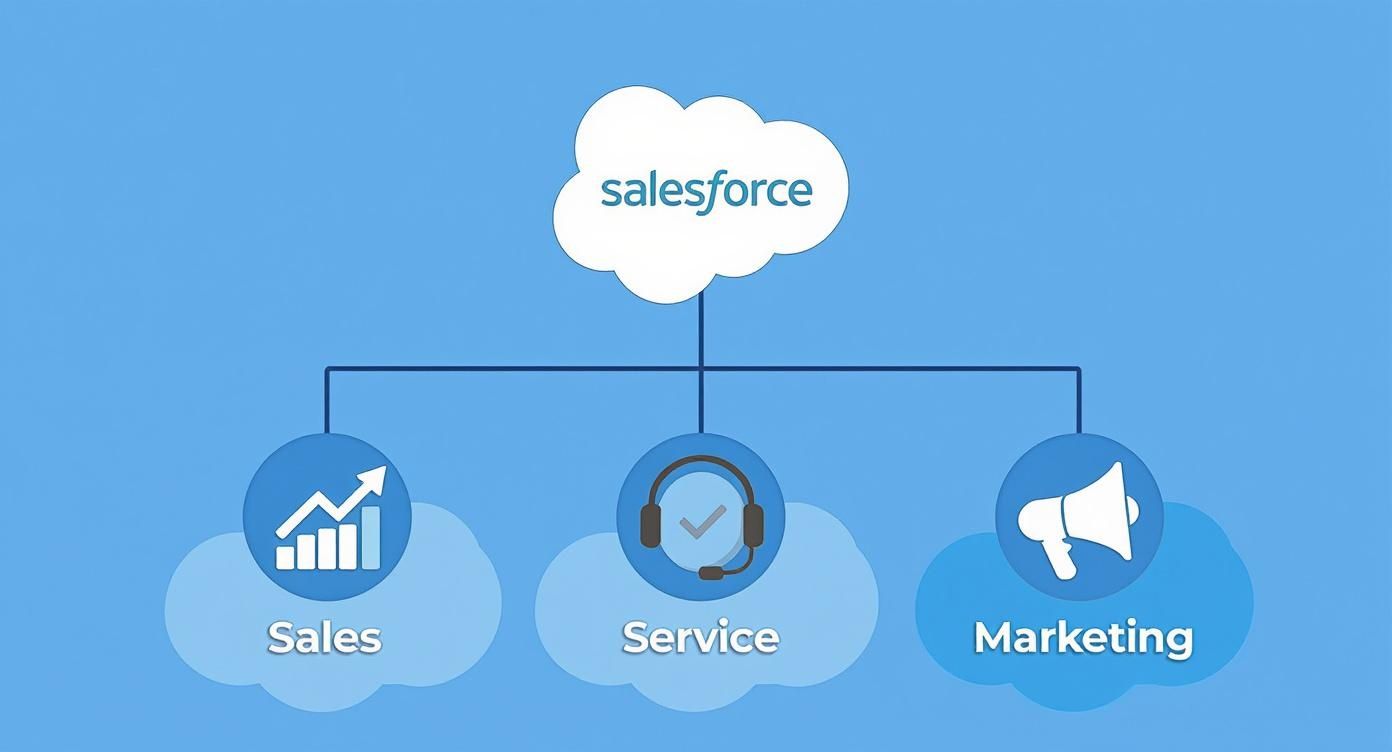 A diagram showing Salesforce cloud services for Sales, Service, and Marketing functions.