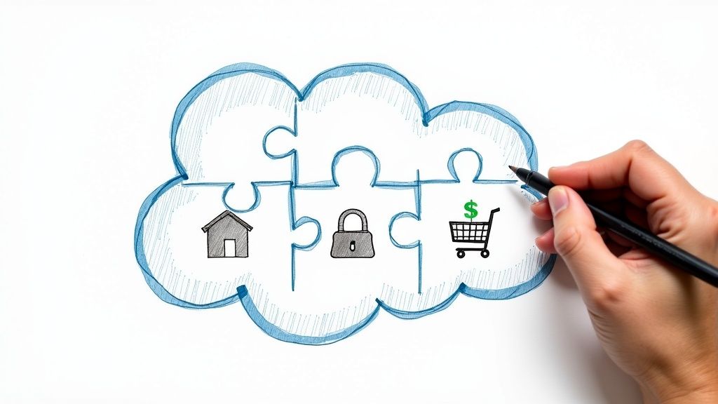A hand draws a cloud shape made of puzzle pieces, featuring icons for home, security, and e-commerce.