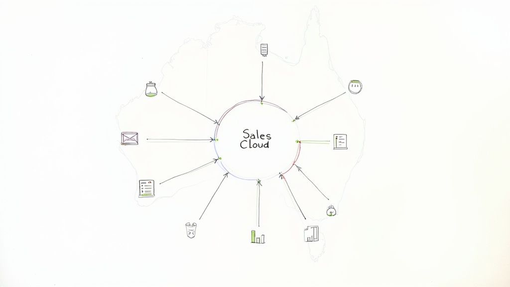 A visual representation of Sales Cloud integrating diverse inputs across the Australian continent.