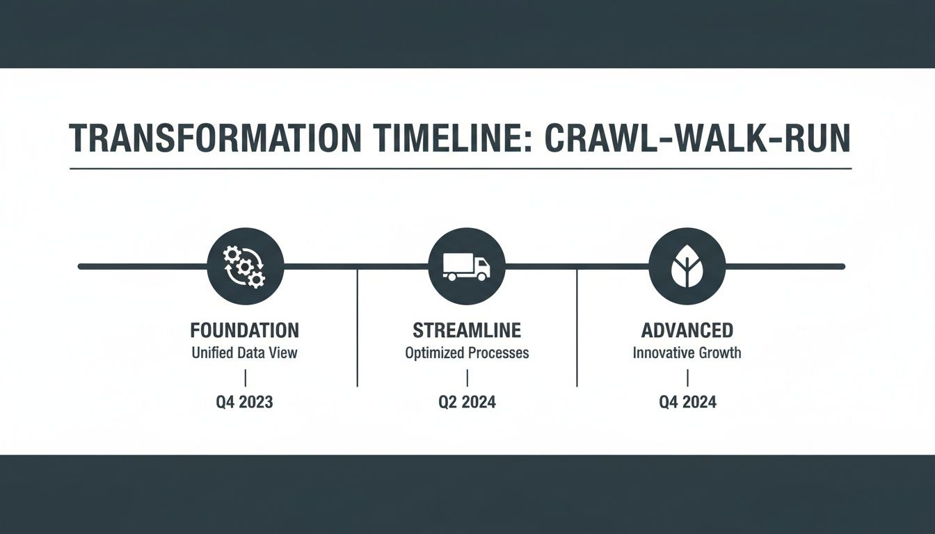 A transformation timeline titled 'Crawl-Walk-Run' with three stages: Foundation, Streamline, and Advanced.