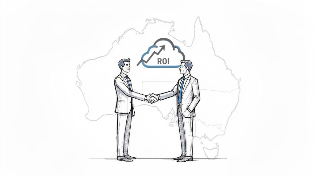 Businessmen shaking hands, with 'ROI' cloud and Australia map, representing successful partnership.