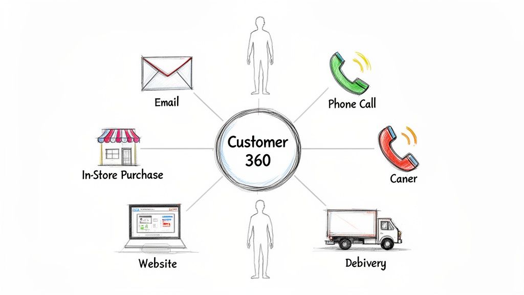 A diagram illustrating a Customer 360 view from various touchpoints like email, calls, in-store, website, and delivery.