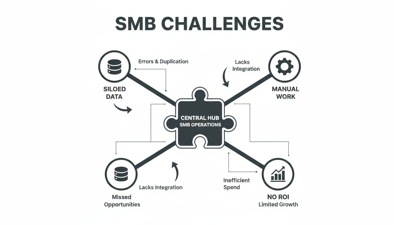 Diagram illustrating key Small and Medium Business (SMB) challenges like siloed data, manual work, and their impact on operations and ROI.