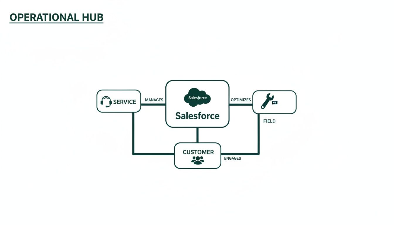 Diagram showing Salesforce as an operational hub managing service, optimizing field operations, and engaging customers.