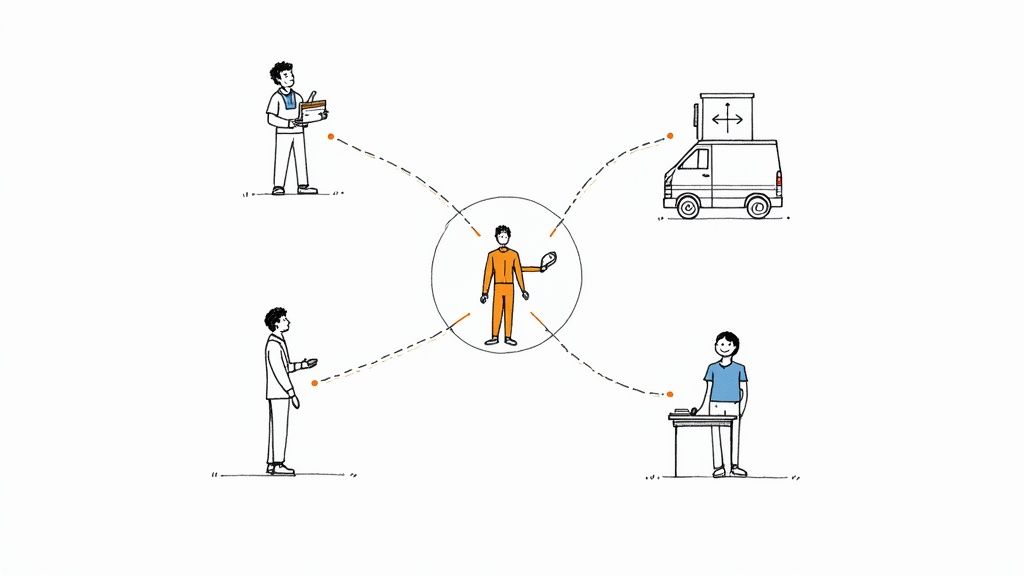 Illustration showing a field service technician connected to various support elements and customers.
