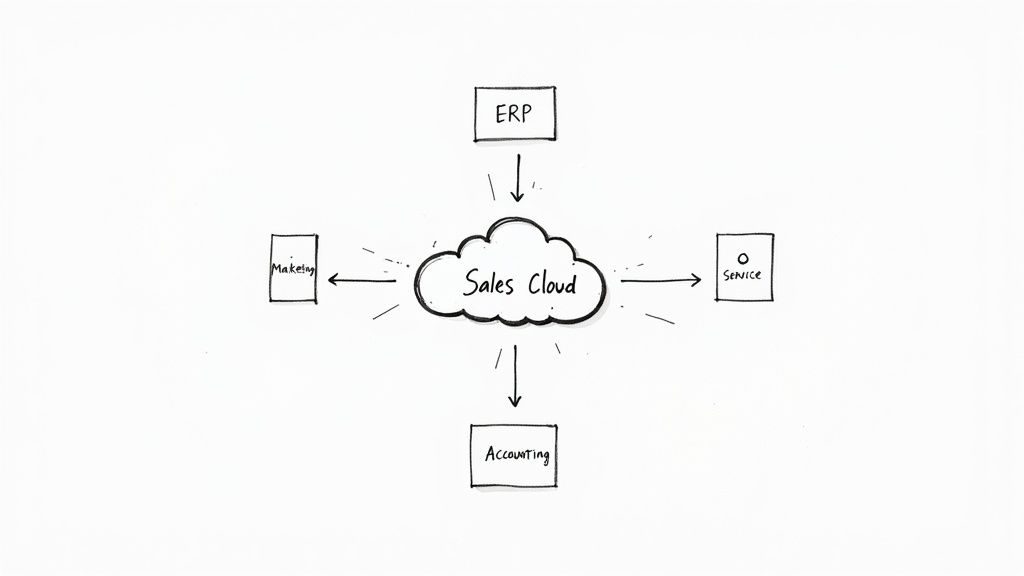 Diagram showing Salesforce Sales Cloud at the center, connected to other business systems like marketing, ERP, and service platforms.