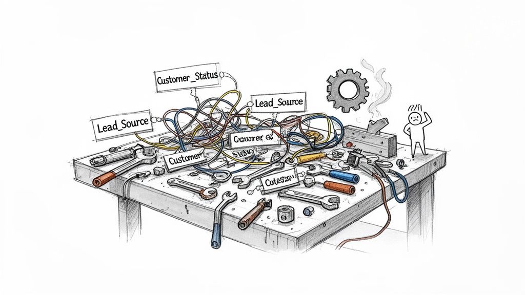 A cluttered workbench with tangled wires connecting various data labels like Customer and Lead Source, showing a confused person struggling with the complexity.