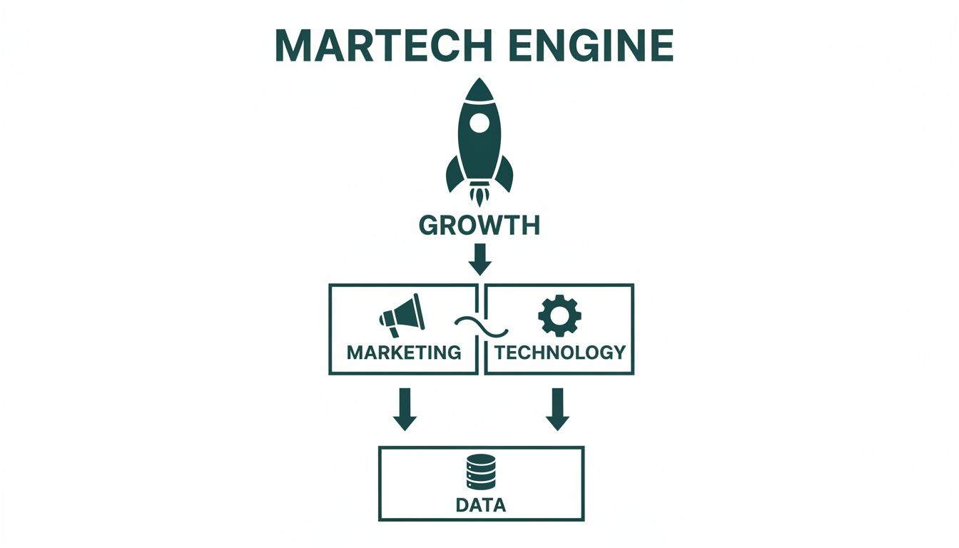 A MarTech Engine diagram illustrating how marketing and technology combine to generate data and fuel business growth.