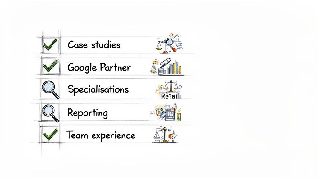 An agency's checklist featuring Google Partner status, case studies, specializations, reporting, and team experience.