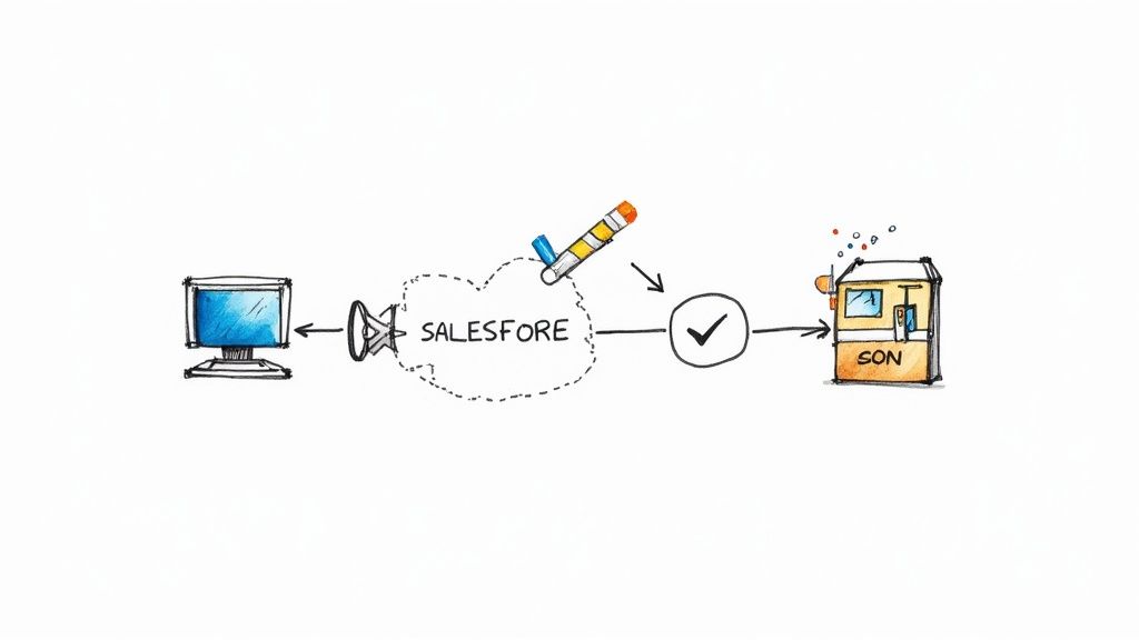 Diagram showing an e-commerce platform sending data via an API to Salesforce CRM.