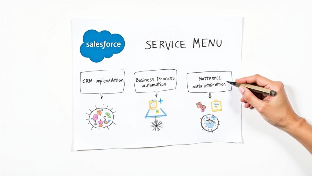 A group of professionals discussing a business plan using a whiteboard covered in notes.
