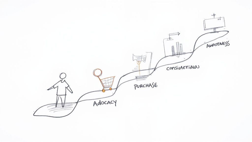 An image showing a flowchart of a customer journey map, with icons representing awareness, consideration, decision, and loyalty stages.